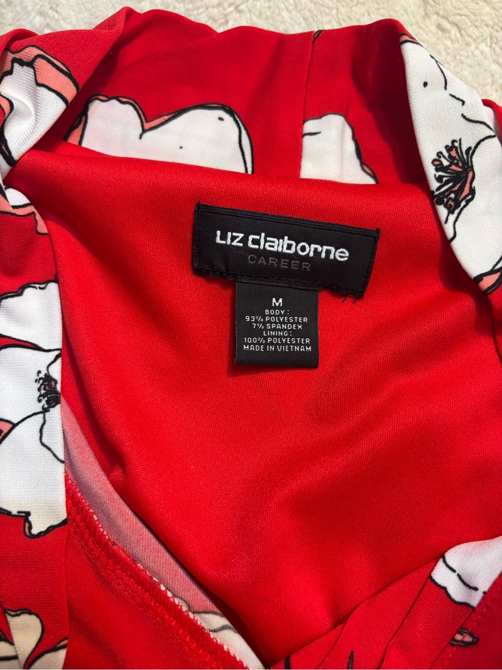 Liz Claiborne Dress Medium Red Faux-Wrap White Floral Midi Side Tie Retro Lined - Picture 10 of 13